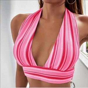 Shein Pink Striped Halter Top | M